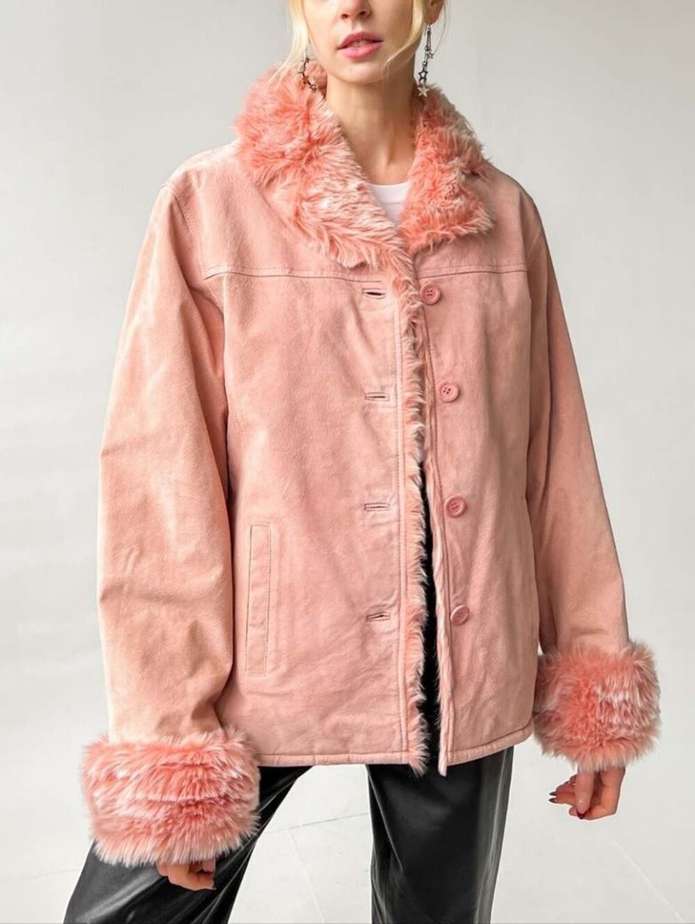 Juliet Michelle Y2K Suede Leather Pink Penny Lane Women Faux Fur Trim Jacket L